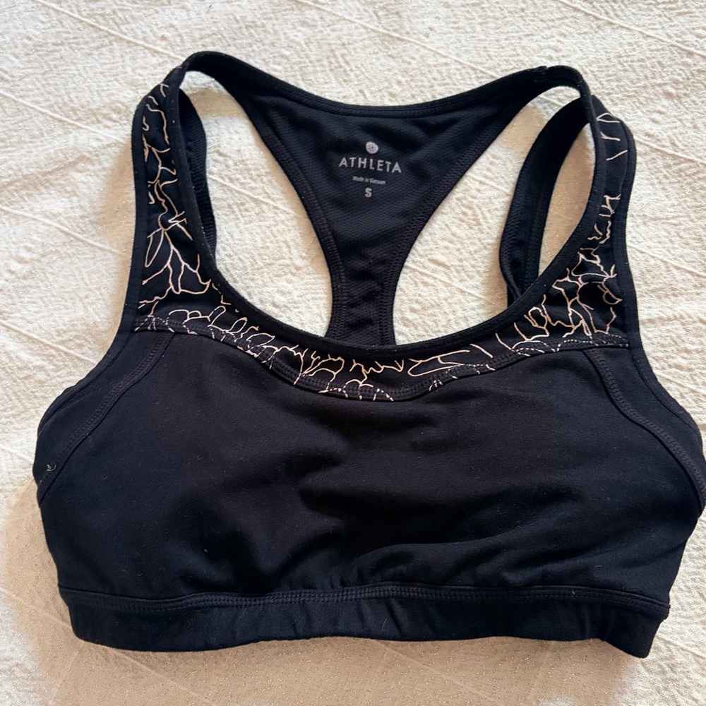 Athleta Black Sports Bra with Cream Floral Trim